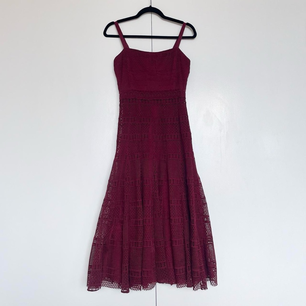 Sandro | Burgundy lace flared midi sleeveless cocktail dress | Size S - Picture 2 of 8